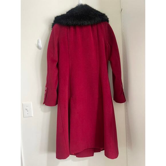 Womens Red Perry Ellis Double Breasted Wool Coat Size 6 Black Fur Collar Jacket - Picture 2 of 7